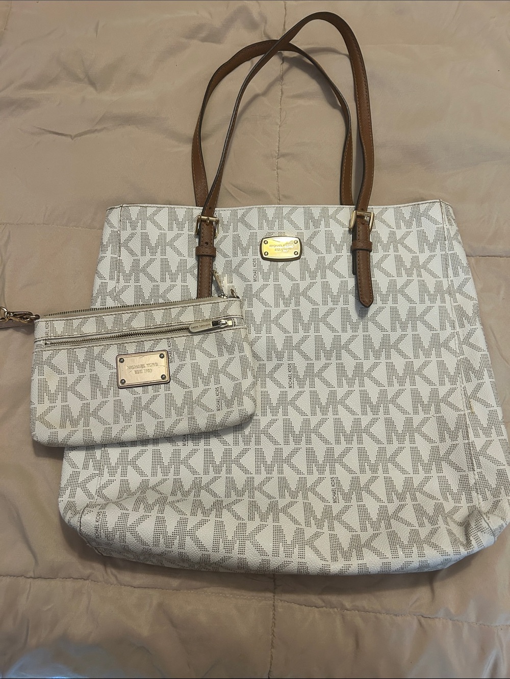 Michael Kors White MK Logo Tote with Brown Straps